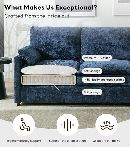 Iroomy 57" Chenille Loveseat 2 Seater, Small Love Seat Sofa, Cloud Couch Thick Cushions, Pocket Springs, Compact Couches for Apartment, Living Room, Blue | 9.5" Thick Cushions