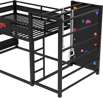 Bellemave Full Over Full Bunk Bed with Basketball Hoop, Pull-up Rings and Climbing Wall, Low Profile Bunk Bed with Slide and Bookcase, Heavy Duty Bunk Beds with Guardrail, Metal Black