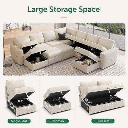 HONBAY Modular Sectional Sleeper Sofa with Pull Out Couch, Oversized U Shaped Sleeper Pull Out Bed with Storage Sectional Couches for Living Room - Beige