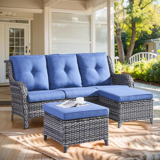 Outdoor Patio Furniture - 3 Seater Outdoor Rattan Wicker Sofa Patio Couch with Ottoman for Porch Deck Garden Backyard - Grey/Blue