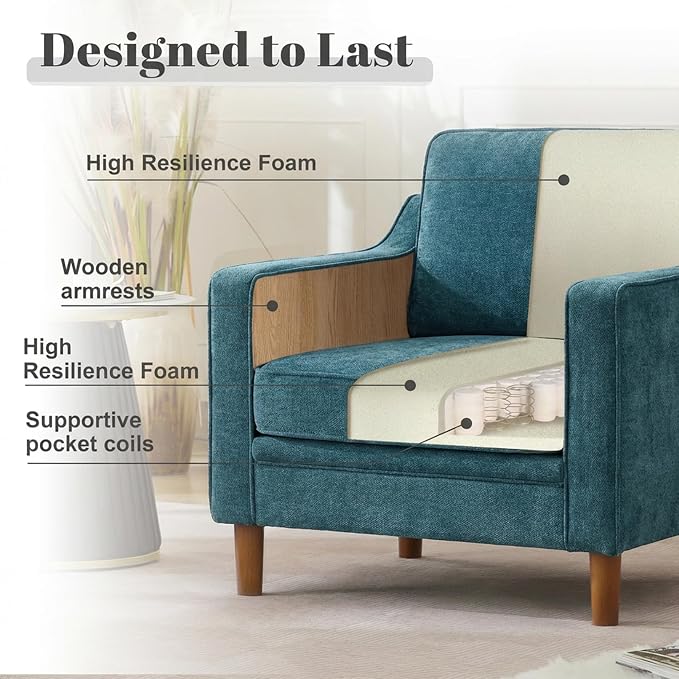 Kingfun Accent Chair, Living Room Chairs, Mid Century Reading Armchair, Chenille with Solid Wood Foot, Upholstered Modern Decor for Bedroom, Apartment