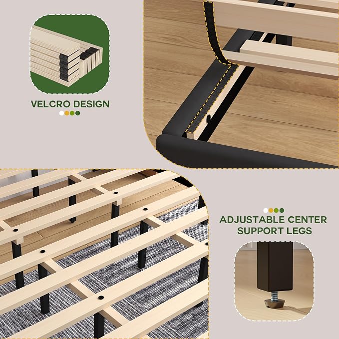 King Size Bed Frame with Velvet Upholstered Platform Bed and Wooden Slats Support, Adjustable Height Headboard/No Box Spring Needed/Easy Assembly/Mattress Foundation, Black