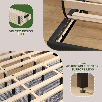 King Size Bed Frame with Velvet Upholstered Platform Bed and Wooden Slats Support, Adjustable Height Headboard/No Box Spring Needed/Easy Assembly/Mattress Foundation, Black