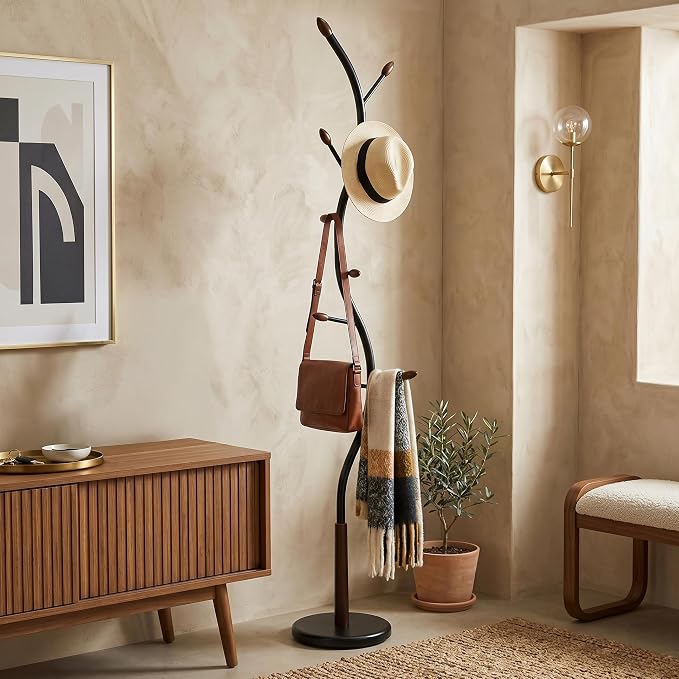 Roundhill Furniture Arles Metal Black and Walnut Standing Coat Rack