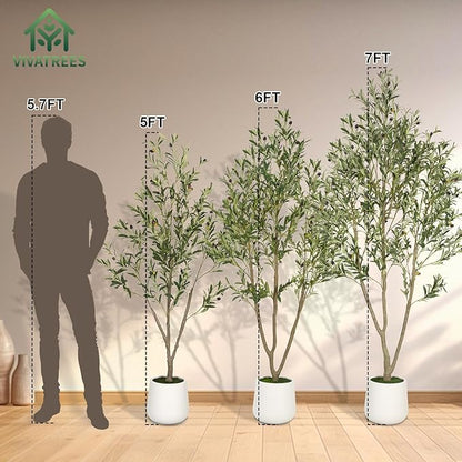 VIVATREES Olive Trees Artificial Indoor, 7FT Tall Faux Olive Tree with White Tall Planter, Artificial Plants with Natural Wood Trunk and Lifelike Fruits for Home Office Decor