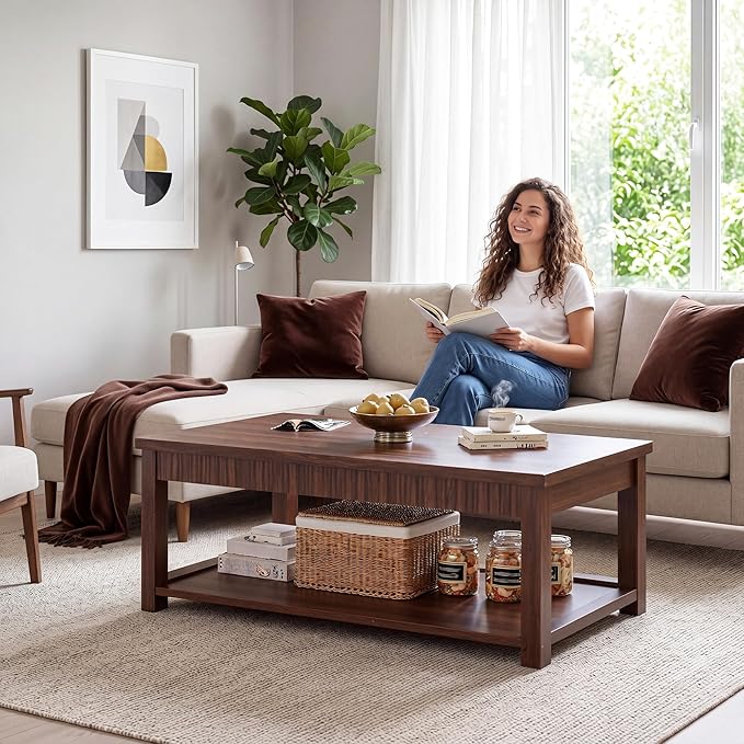 Homkdom Modern Coffee Table, 2-Tier Storage Shelf, Walnut | Wave-Edge, Kids Friendly Rounded Corners