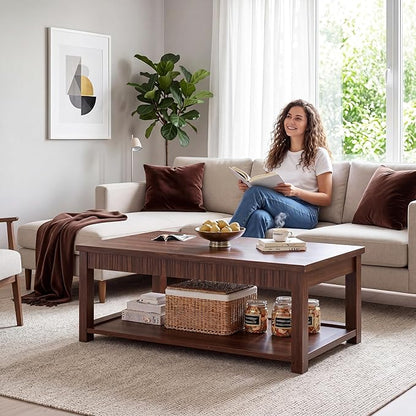 Homkdom Modern Coffee Table, 2-Tier Storage Shelf, Walnut | Wave-Edge, Kids Friendly Rounded Corners