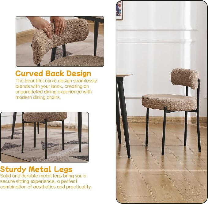EDWELL Dining Chairs Set of 2, Round Upholstered Dining Room Chairs with Black Metal Legs, Modern Boucle Dining Chair for Dining Room, Kitchen, Living Room, Capacity 330lbs