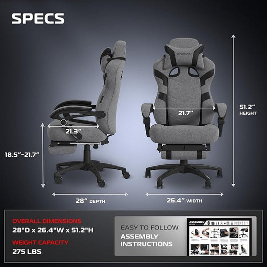 Respawn 110 Pro Ergonomic Gaming Chair with Footrest for Adults - Comfortable Office Gaming Recliner with Lumbar Support and Headrest, Racing Style Video Game Chairs for Computer Gamer - Gray Fabric