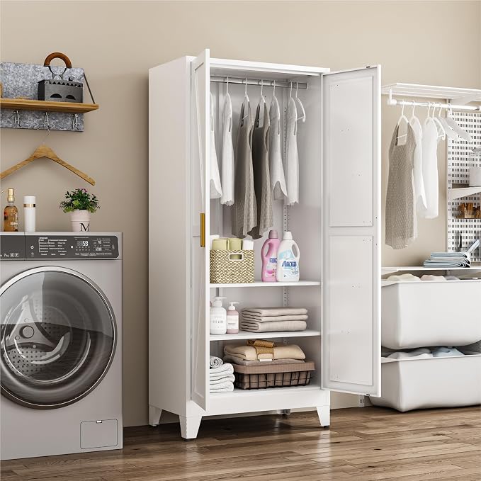 Metal Wardrobe Closet with Doors and Shelves, 71" Farmhouse Bedroom Armoire with Hanger Rod and Clothing Shelf, White Closet Cabinet for Hanging Clothes for Laundry Room Garage Dormitory