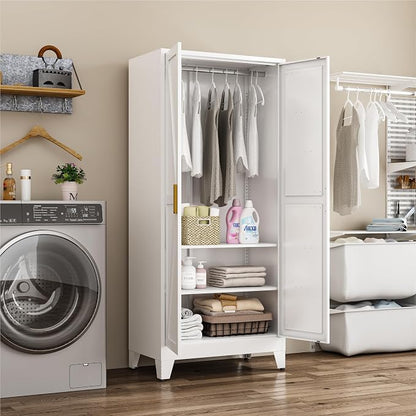 Metal Wardrobe Closet with Doors and Shelves, 71" Farmhouse Bedroom Armoire with Hanger Rod and Clothing Shelf, White Closet Cabinet for Hanging Clothes for Laundry Room Garage Dormitory