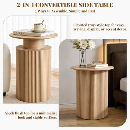24" Fluted End Table Reversible, Hidden Storage, Natural Oak | Mid Century Modern Nightstand, Bedside Table, Cylinder Side Table, Pre-Threaded MDF, for Bedroom Living Room Office