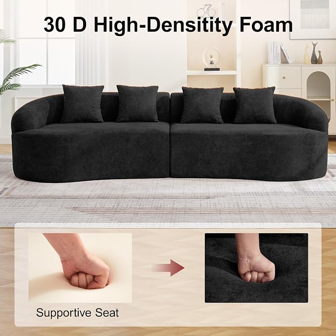 110.2" Curved Boneless Couch, Oversized Cloud Sofa with 4 Pillows, Modern 4 Seater Modular Sectional Sofa, Boneless Sectional Couches for Living Room, Curved Foam Couch, Black