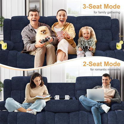 Dresegmt Loveseat Recliner Sofa, Flip Middle Backrest Design 3 Seat Reclining Sofa with Storage Drawer, USB Ports & Cup Holders, Manual Couch for Living Room/RV (Blue)