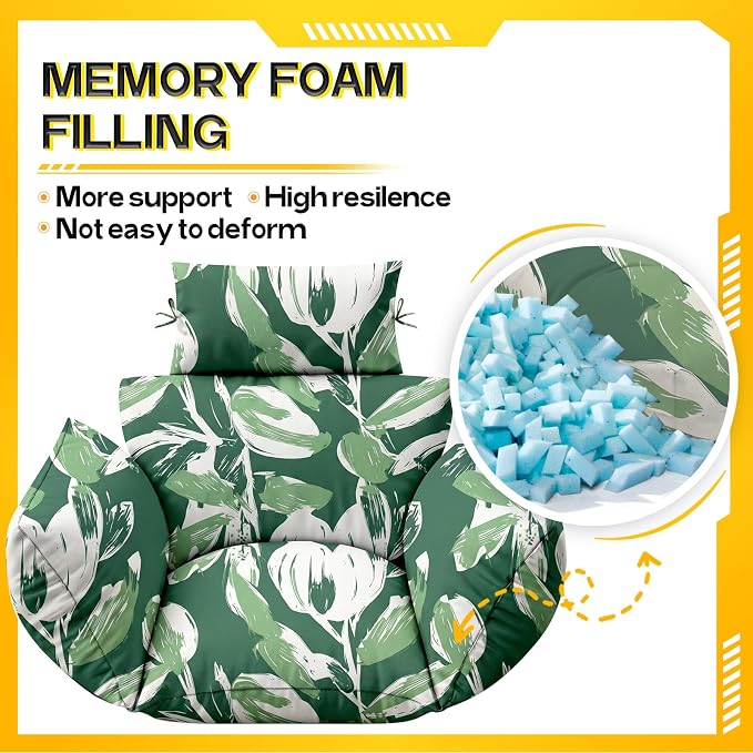 MAGIC ELEPHANT Egg Chair Cushion, Memory Foam Indoor Outdoor Hanging Egg Chair Cushion Replacement, Patio Basket Swing Cushion with Headrest (Forest Green Tulip)
