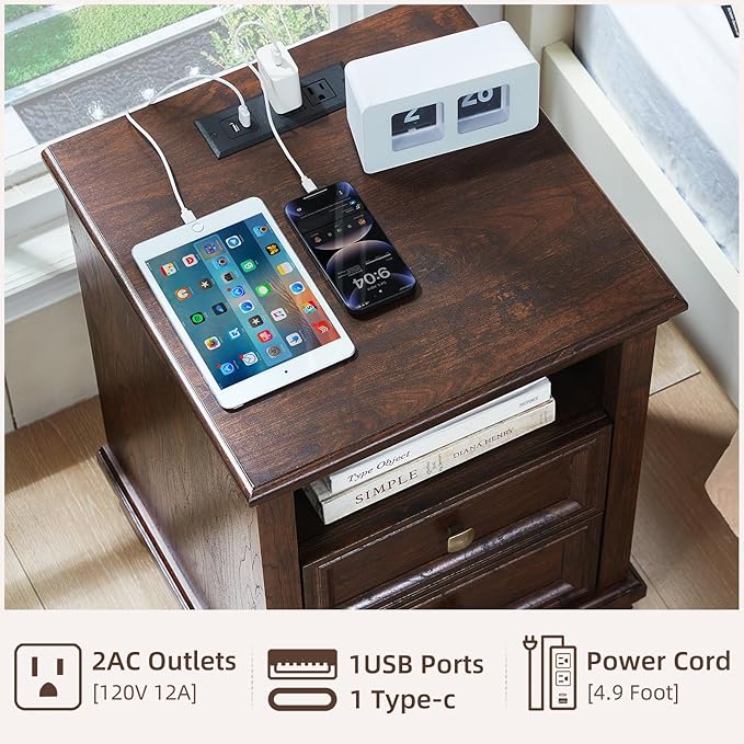 SAVOR LIFE Farmhouse Nightstand with Charging Station, Rustic Brown Nightstand, 2 Drawers End Table, Bedside Table with Open Shelf for Bedroom, Walnut