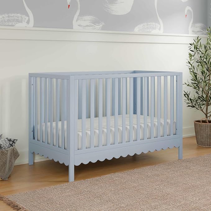 Davinci Sammy Scallop 4-in-1 Convertible Baby Crib, Powder Blue | GREENGUARD Gold Certified, Converts to Toddler Bed & Daybed & Full-Size Bed, 4 Adjustable Mattress Heights - Easy to Assemble