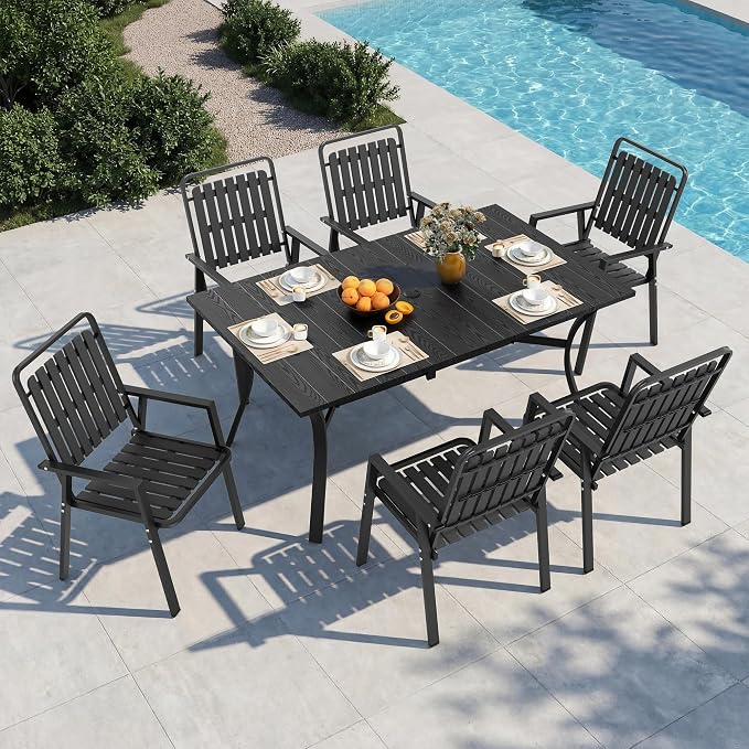 Outdoor Dining Set for 6, Patio Table and Chairs Set with 1.97'' Umbrella Hole, 7pcs Patio Furniture Set 63”x37.8” Black Dining Table Set for Porch Deck Backyard Pool