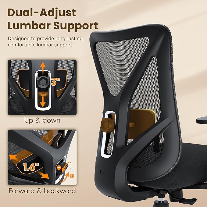 Ergonomic Office Chair, Mesh Computer Desk Chairs with Adjustable Lumbar Support, 3D Armrests, Tilt Function, Comfy Wide Seat, Executive Work Task Chair for Company and Home (Sponge Cushion)