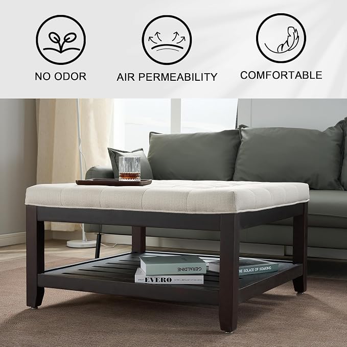 adochr 33'' Large Square Ottoman Coffee Table with Storage, Upholstered Button Tufted Footrest Ottoman with Solid Wooden Tray,Coffee Table for Living Room, Beige