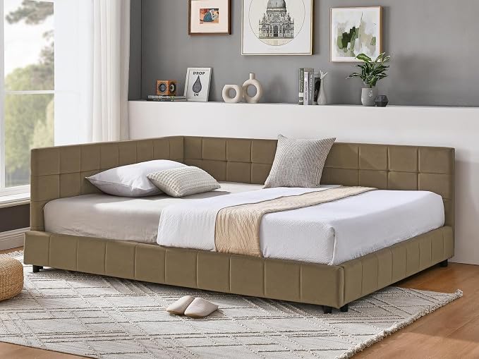 KEIKI Full Size L Shape Corner Bed Frames with Backrest and Armrests, Velvet Upholstered Sofa Daybed for Small Room, Living Room, Bedroom, Guest Room, Kids' Room