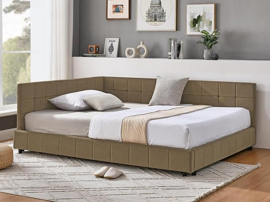 KEIKI Full Size L Shape Corner Bed Frames with Backrest and Armrests, Velvet Upholstered Sofa Daybed for Small Room, Living Room, Bedroom, Guest Room, Kids' Room