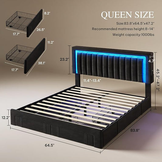 YITAHOME Queen Size Bed Frame with Adjustable Headboard, 4 Storage Drawers and RGB LED Lights, Velvet Upholstered Platform Bed with USB Ports, No Box Spring Needed, Fast Assembly, Noise-Free, Black
