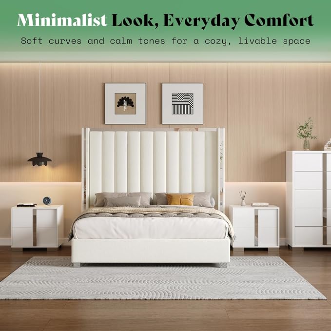 AMERLIFE 3-Piece Modern Bedroom Set Queen – Cream Upholstered Bed Frame with 58" Wingback Headboard and 2 White Nightstands