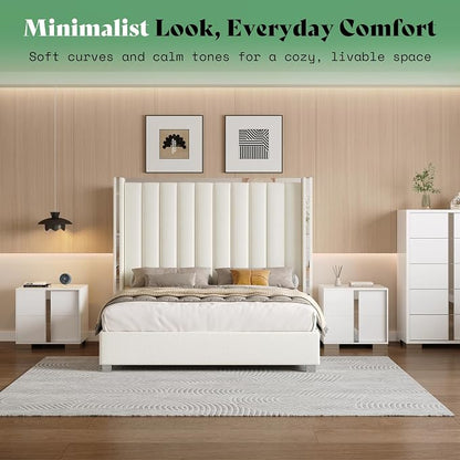 AMERLIFE 3-Piece Modern Bedroom Set Queen – Cream Upholstered Bed Frame with 58" Wingback Headboard and 2 White Nightstands