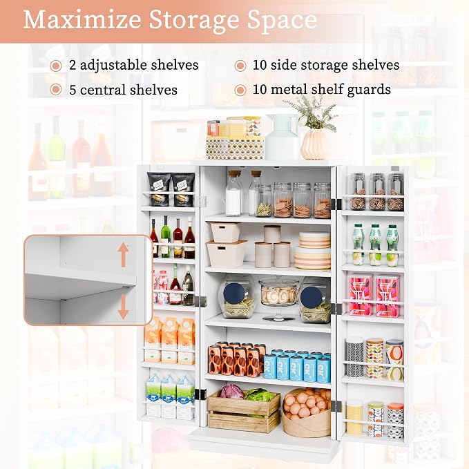 47in Kitchen Pantry Cabinet, Wood Kitchen Storage Pantry Cabinets Freestanding Pantries Cabinets with Doors & Adjustable Shelves, White