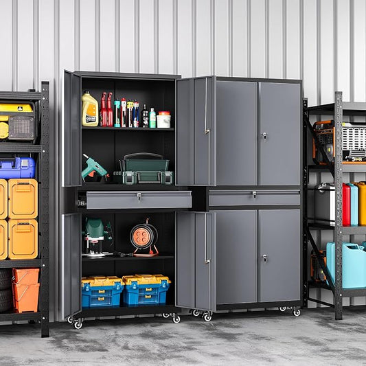 73" Metal Garage Storage Cabinet with Wheels， Rolling Tool Storage with Locking Doors， Adjustable Shelves and Drawer, Heavy Duty Steel Tool Cabinet for Garage, Warehouse, School(Black Grey)