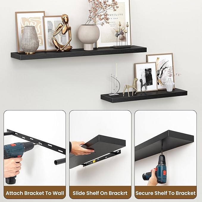Heimlove Floating Shelves for Wall 40 Inch,Mounted Storage & Display Hanging Shelf with Invisible Brackets,for Bedroom,Living Room,Kitchen,Office,Set of 2,Black