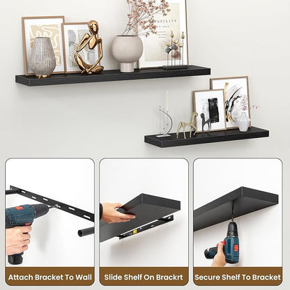 Heimlove 55 Inch Floating Shelves for Wall,Extra Long Mounted Storage wall Shelves with Invisible Metal Bracket for Bedroom Living Room Kitchen Office Set of 2,Black
