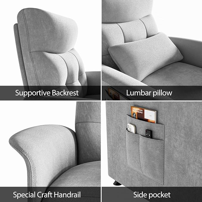 Power Recliner Chair for Adults with Heat & Massage - Soft Fabric Electric Reclining Sofa with Remote Control, 3 Side Pockets, 180° Lay Sleeper for Home Theater Living Room, Light Grey