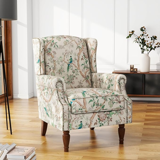 High Back Accent Chairs Set of 2, Fabric Upholstered Armchair Floral Wingback Chair for Living Room, Comfy Single Sofa Solid Wood Legs Bedroom Reading Seat - Pattern Bird
