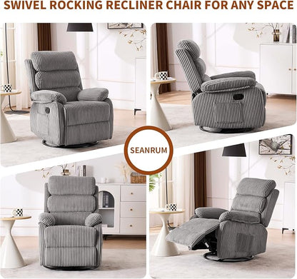 Plush Premium Velvet 360° Swivel Rocker Recliner Chair - High Back Glider with Generous Footrest, Supportive Armrests & Side Pocket for Nursery, Living Room & Small Spaces Grey