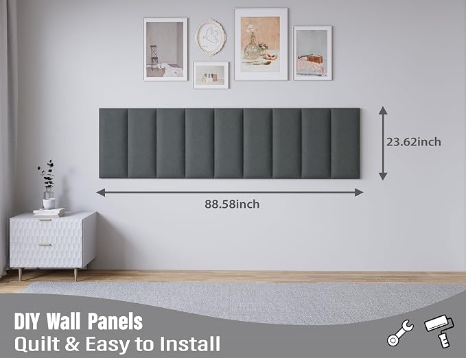 Peel and Stick Upholstered Wall Mounted Headboard Queen Size, 9 Panels Tufted Fabric Headboard,Wall Mounted Headboards, Interior Wall Panels for Bedroom, 10"x24" Charcoal Black