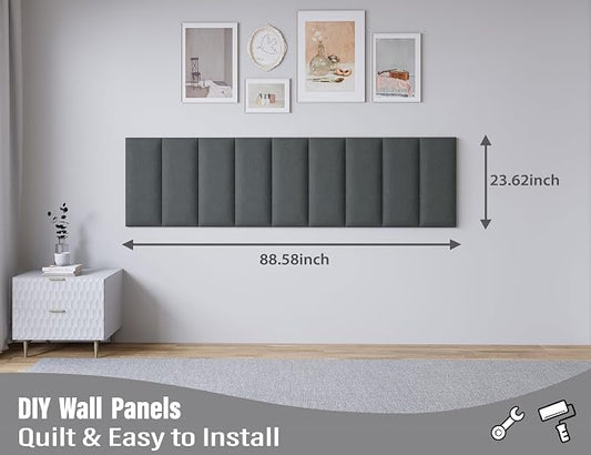 Peel and Stick Upholstered Wall Mounted Headboard Queen Size, 9 Panels Tufted Fabric Headboard,Wall Mounted Headboards, Interior Wall Panels for Bedroom, 10"x24" Charcoal Black