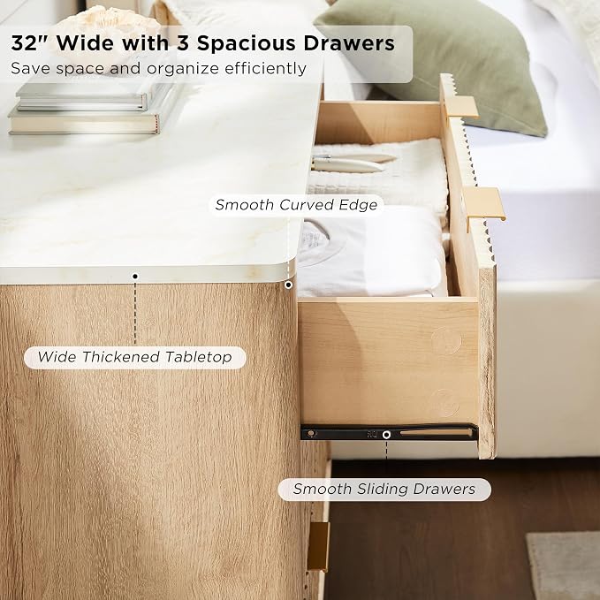 T4TREAM Fluted 3 Drawers Nightstand, Oversized Extra Large Modern Side Table with Faux Marble Top, End Table Bedside for Bedroom, Living Room, Curved Profile Design, Natural Oak