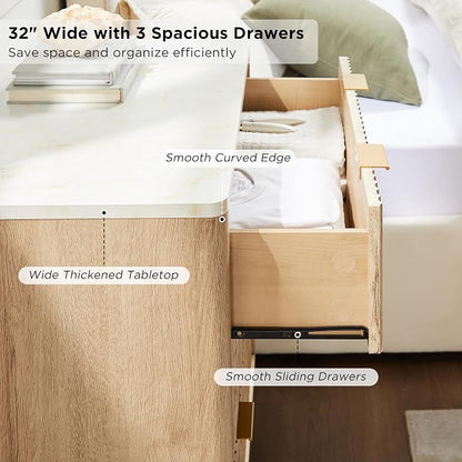 T4TREAM Fluted 3 Drawers Nightstand Set of 2, Oversized Extra Large Modern Side Table with Faux Marble Top, End Table Bedside for Bedroom, Living Room, Curved Profile Design, Natural Oak