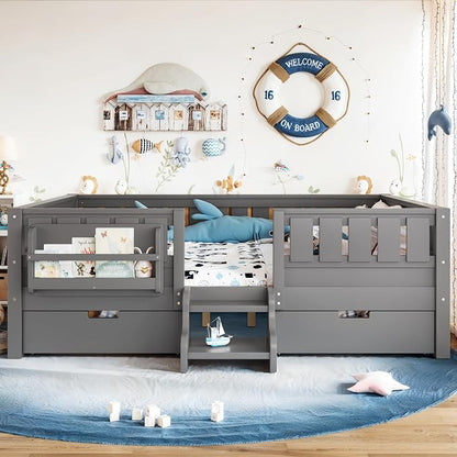 Bellemave Full Size Kids Montessori Bed with Stairs and Bookshelf,Solid Wood Full Size Kids Bed Frame with Drawers and Storage for Girls Boys,Low-Profile,Gray