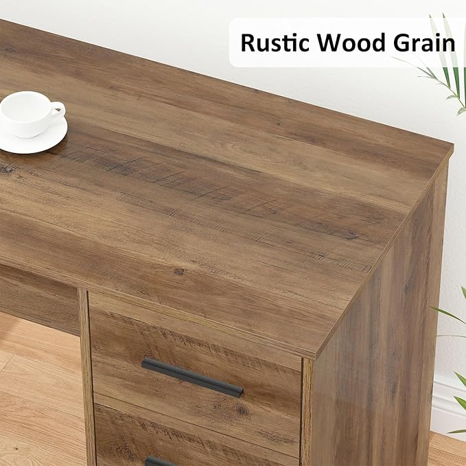 HSH Large L Shaped Home Office Desk with Drawers, Rustic L-shaped Computer Desk with Storage File Cabinet Shelves, Corner Reversible Metal Wood Executive Work Study Writing Table, 59 Inch Bedroom Desk