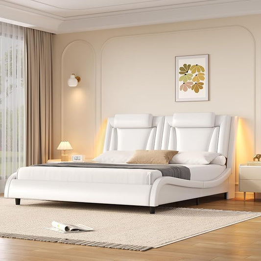 Keyluv Queen Size LED Bed Frame with Adjustable Headboard & Wave-Like Curve Safety Design, PU Leather Upholstered Platform Bed, Solid Wooden Slats Support, Easy Assembly, White