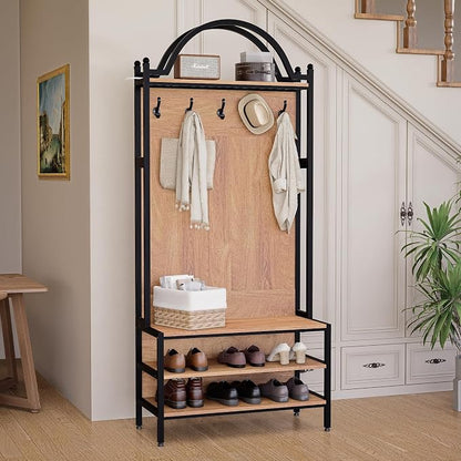 72" Farmhouse Hall Tree with Bench and Shoe Storage, Entryway Coat Rack with 5 Hooks, Arched Hall Tree with Shoe Rack Organizer, Rustic Wood & Metal Frame for Entryway, Mudroom, Foyer