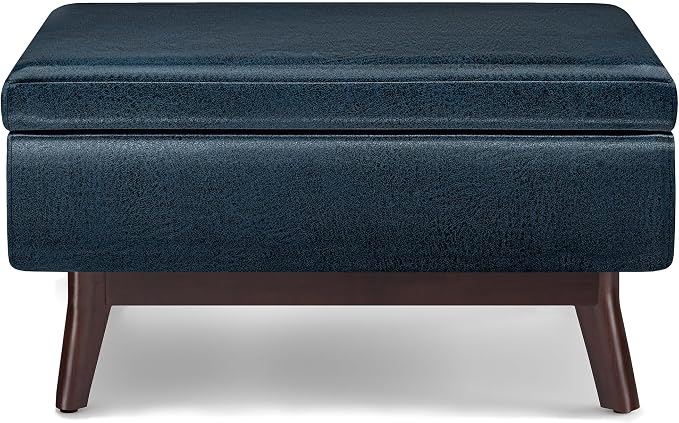 SIMPLIHOME Owen Coffee Table Storage Ottoman - 34" Wide x 19" High Upholstered Vegan Leather Rectangular Lift-Top Ottoman in Distressed Dark Blue, Mid-Century Modern Bench with Tapered Legs