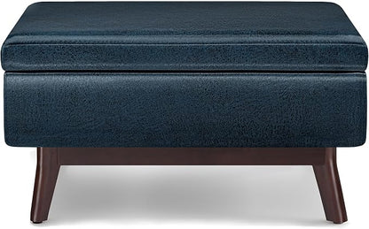 SIMPLIHOME Owen Coffee Table Storage Ottoman - 34" Wide x 19" High Upholstered Vegan Leather Rectangular Lift-Top Ottoman in Distressed Dark Blue, Mid-Century Modern Bench with Tapered Legs