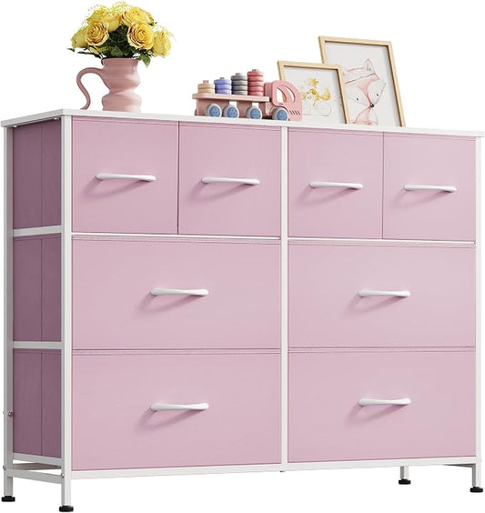 WLIVE Dresser for Bedroom with 8 Drawers, Wide Fabric Dresser for Storage and Organization, Bedroom Dressers, Chest of Drawers for Living Room, Closet, Hallway, Cloudy Pink