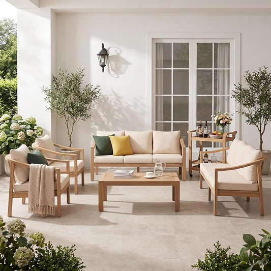 Merax 5 Piece All-Weather Acacia Wood Outdoor Conversation Set, 8-Seater | Patio 2 3-Seater Sofas, 2 Club Chairs with Coushions, 1 Coffee Table for Backyard, Deck, Poolside, Easy Assemble, Teak+ Beige