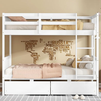 Harper & Bright Designs Twin Over Twin Bunk Bed with 2 Drawers, Convertible into 2 Twin Beds, Twin Bunk Bed with Ladder and Safety Guardrails, White
