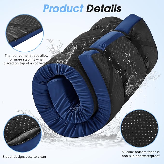 CYMULA 3 Inch Memory Foam Camping Pad, Camping Essentials Roll Up Floor Mat for Car Camping, Cot, Tent, Truck, Travel and Guest Use, Non-Slip Waterproof Bottom, Removable Cover